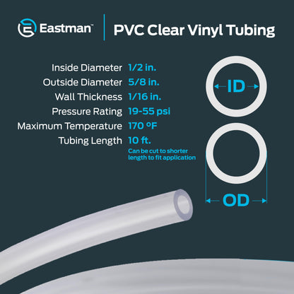 Eastman 1/2 Inch ID (5/8 Inch OD) PVC Clear Vinyl Tubing, 10 Foot Length, 98568