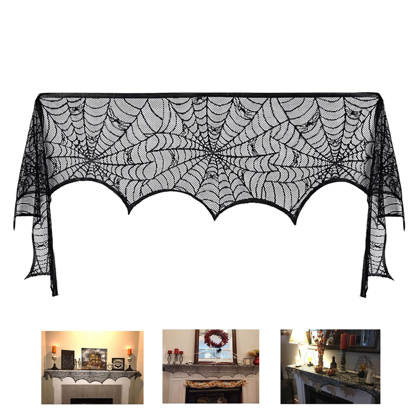 Comtraker Halloween Fireplace Mantle Decorations, Black Lace Spiderweb Fireplace Mantel Scarf Cover Garland for Festive Party Supplies Decor 18 x 98 inch (Black)