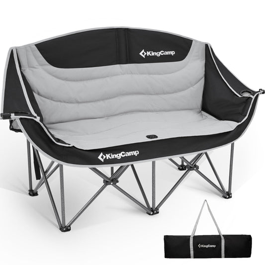KingCamp Double Camping Chair, Oversized 660lbs Heavy Duty Loveseat for Adults Portable Folding XL 2 Person Couch Padded Comfortable Two Seat with Cup Holder for Outdoor Lawn Backyard, Black/Grey