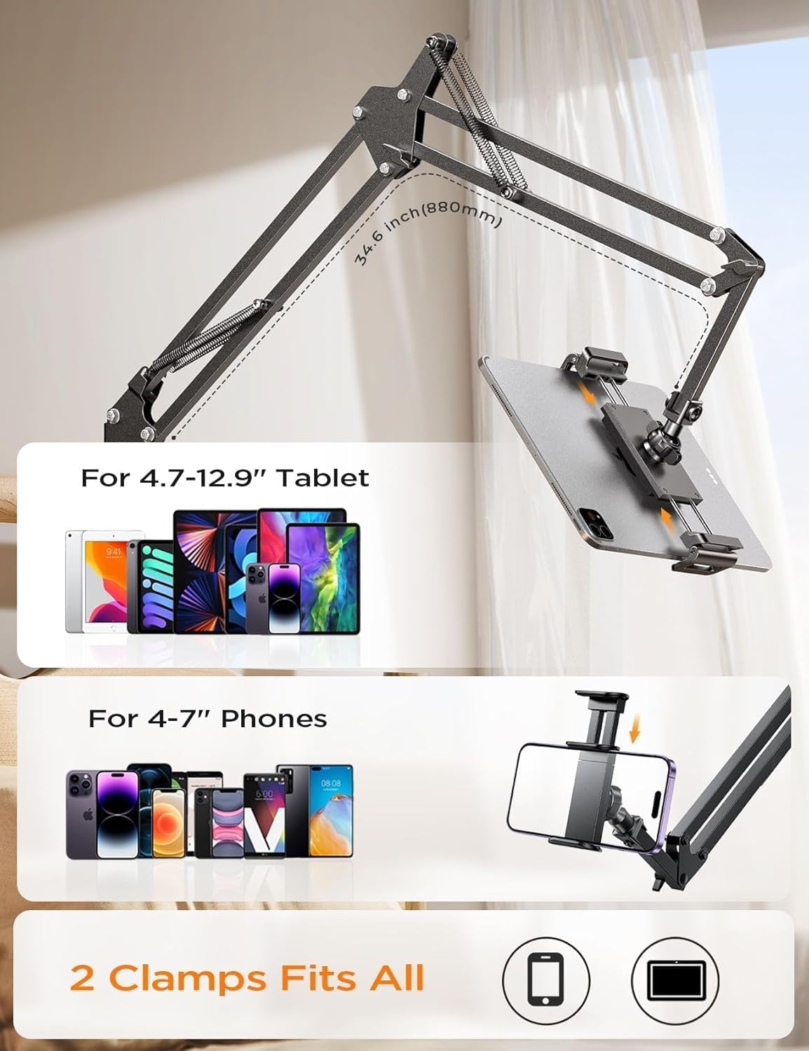 LISEN Tablet Stand Phone Holder iPad Holder for Desk Mount[Ultra Sturdy] 2 Clamps Kindle Holder for Bed Gooseneck Phone Tablet Holder Mount Phone Stand fits iPhone iPad Mini 7 Kindle 4-13" Device