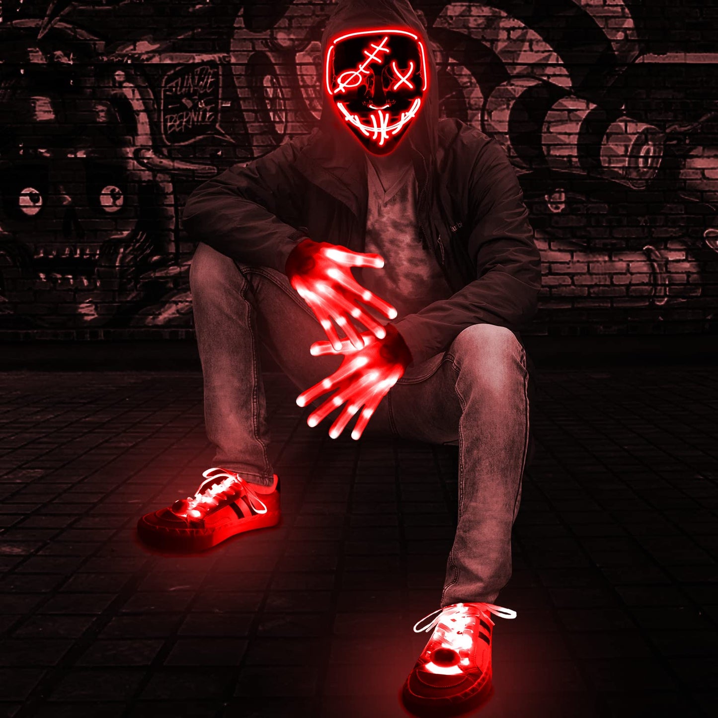 3 Set Halloween LED Mask Light Up Gloves and Glow Shoelaces Scary Mask Halloween Costume Cosplay Party for Adults