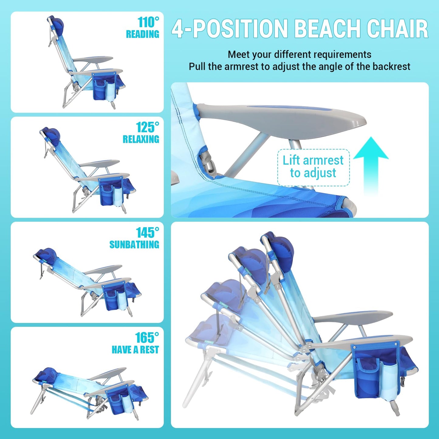 #WEJOY Lightweight Low 2 Pack Beach Chair for Adults, 4-Position Aluminum Folding Camping Chairs with Shoulder Strap, Cup Holder and Padded Headrest, Supports 265lbs for Lawn Outdoor Blue Pattern