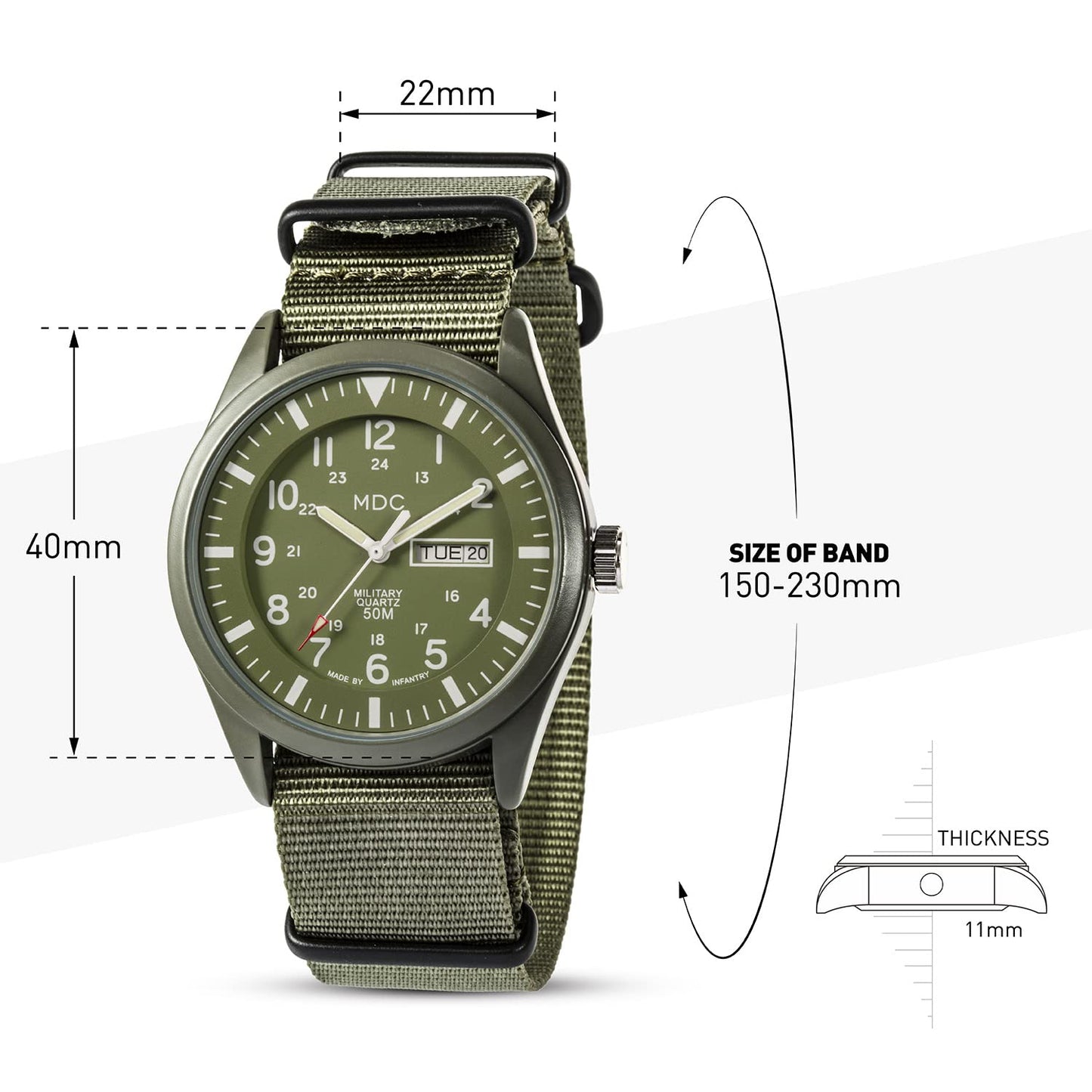 Infantry Military Watches for Men Analog Wrist Watch, Tactical Waterproof Outdoor Sport Mens Quartz Wristwatch, Date Day Work Field Army Green w/Nylon Band by MDC