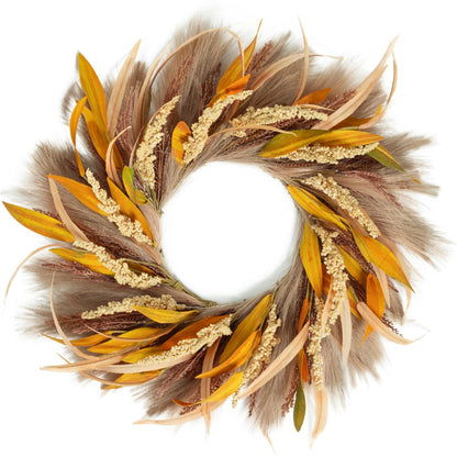 Fall Wreath 22-24inch Autumn Door Wreath with Yellow Leaves, Light Brown Reeds,Beige Wheat Ears for Farmhouse Indoor Outdoor Window Wall Thanksgiving Decor