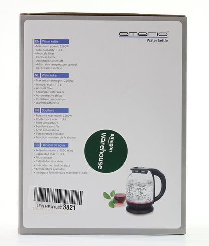Emerio WK-119255 Electric Kettle Glass, 2200 W, 1.7 liters, Stainless Steel, Transparent Black [Energy Efficiency Class A+]