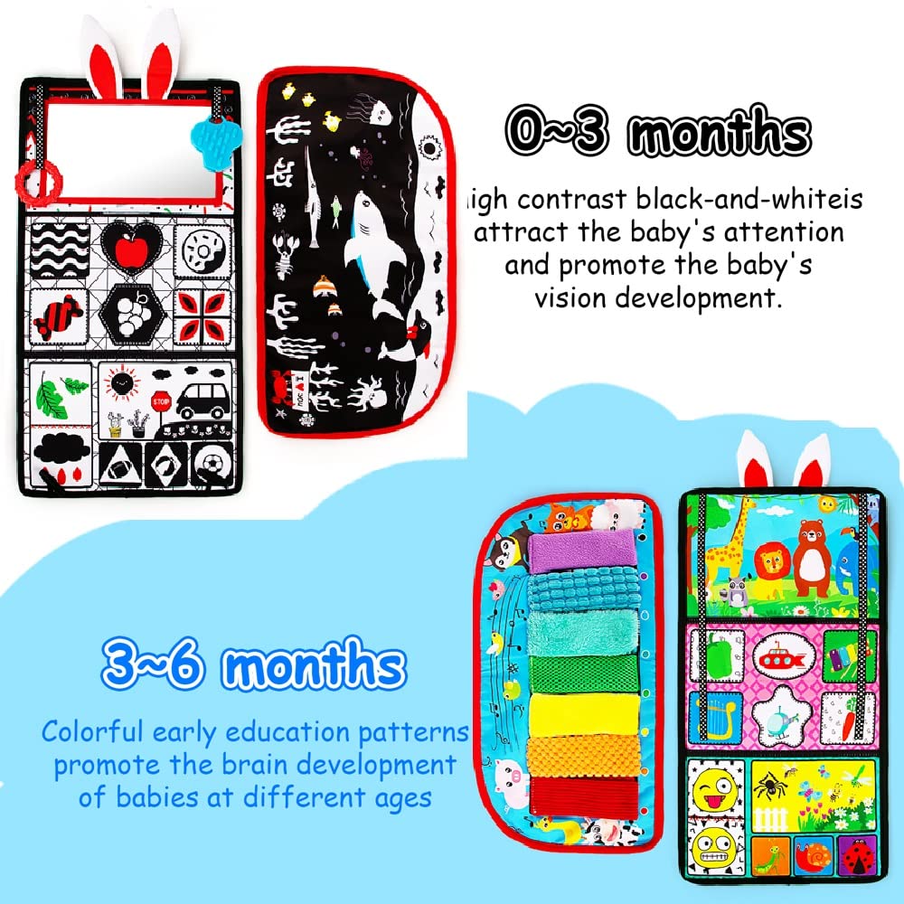 Inbeby Tummy Time/Baby Mirror Toys, Black and White High Contrast Tabletop Mount Baby Newborn Toys 0 3 6 Months Brain Development, Sensory Texture Piano Infant Toys 0 3 6 Months with Squeaker