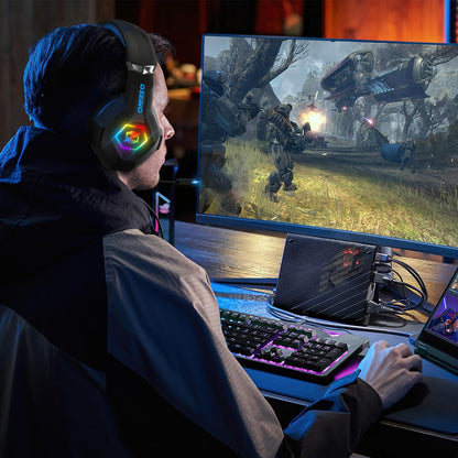 Ozeino Gaming Headset for PC, Ps4, Ps5, Xbox Headset with 7.1 Surround Sound, Gaming Headphones with Noise Cancelling Mic RGB Light Over Ear Headphones for Xbox Series X/S, Switch-Blue