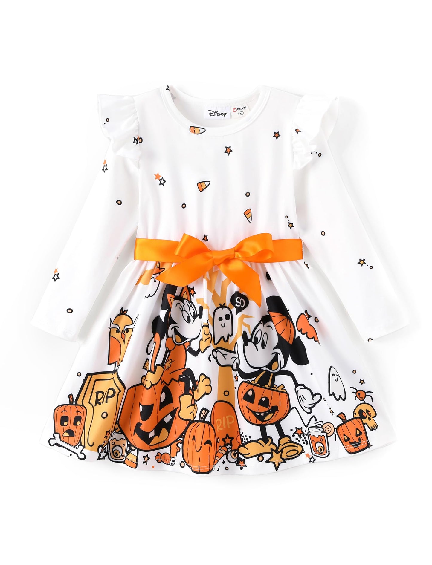 Disney Mickey Minnie Mouse Toddler Dress Girls A-Line Ruffle Long Sleeve Halloween Pumpkin Clothes Cute Kids Outfit Gift Party Costume Sizes 4-5T