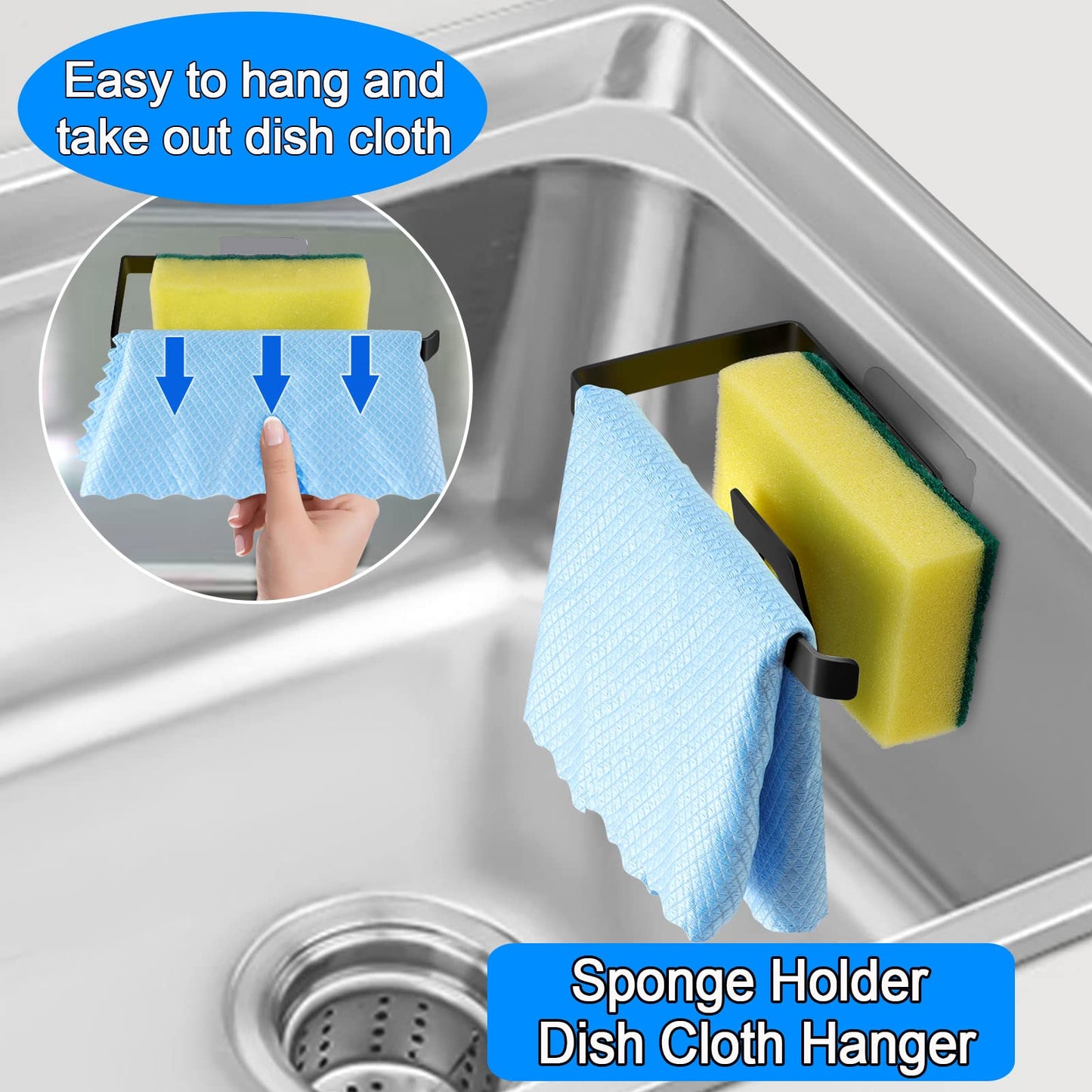 GAViA Sponge Holder Kitchen Dish Sponge Holder Self-Adhesive Kitchen Organiser Dish Cloth Holder 304 Stainless Steel Kitchen Drain Rack Sink Caddy Storage Organiser Black