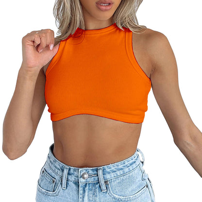 Dwnval Sexy Sleeveless Crewneck Tank Top Ribbed Knitted Crop Tops for Women(Orange,S)