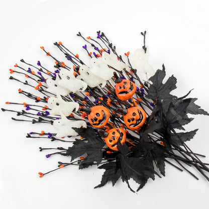 12 PCs Spooky Halloween Flowers Artificial 17 Inches Orange Black Floral Stems Gothic Halloween Pumpkin Stems with Ghost Floral Picks for Vase Floral Arrangements Table Centerpieces Decorations