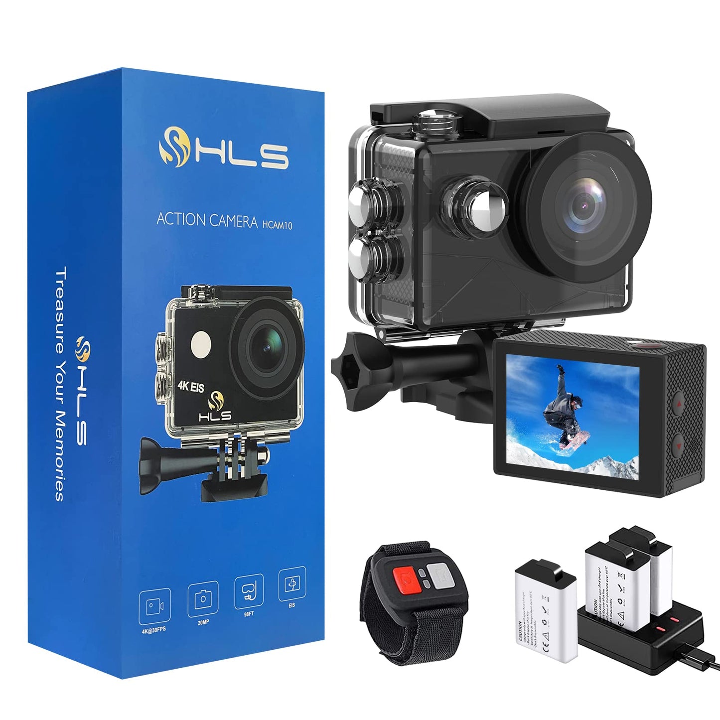 HLS Waterproof Action Camera 4K Stabilization with 2 Batteries 1350mAh for Video,4K WiFi Remote Underwater Cameras with Wide Angle Lens HD,Sports Action Video Cameras with Accessories Mount Kit