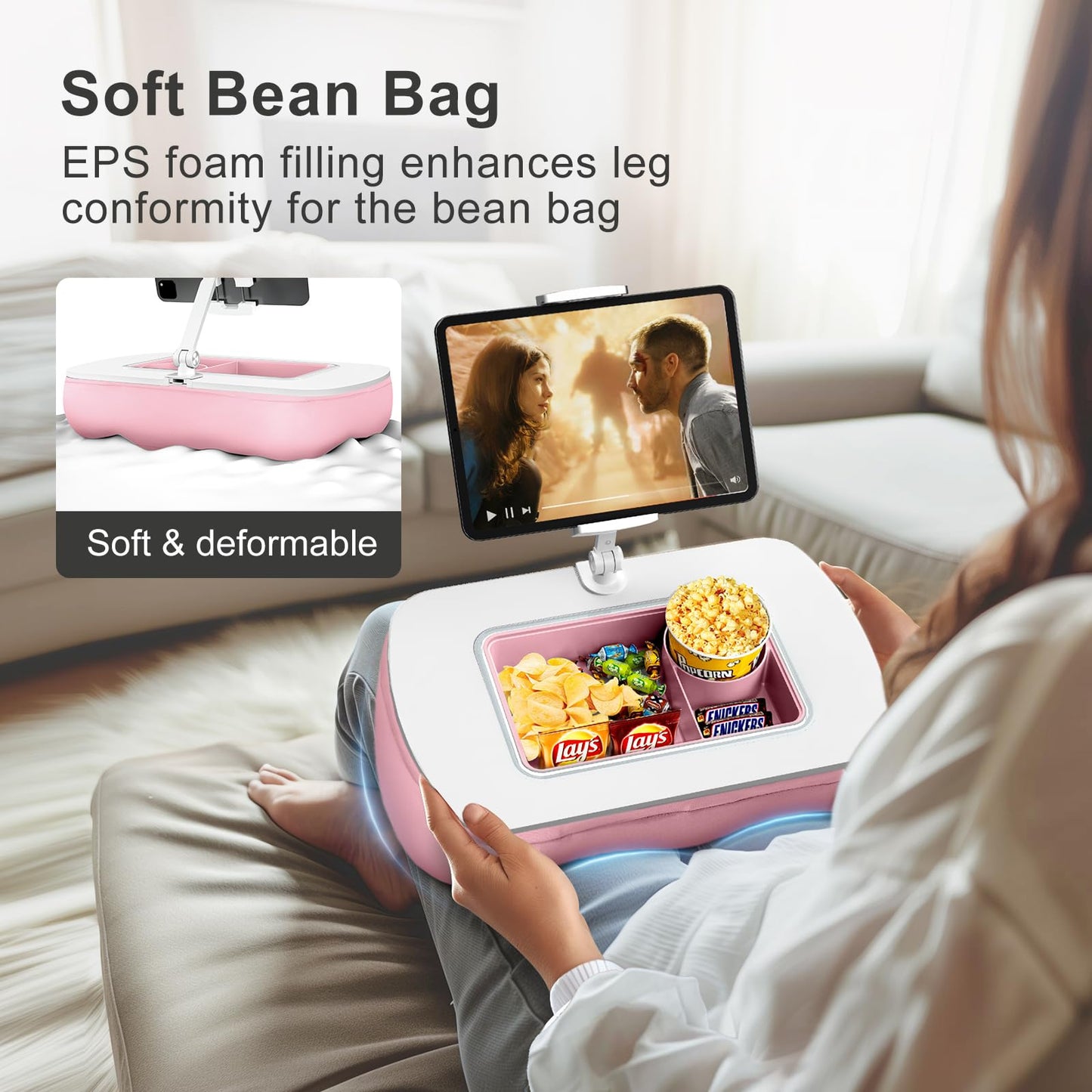 ERGONOV Lap Beanbag Tablet Pillow Stand with Snack Bowl and 360° Rotating Arm, Adjustable iPad Holder for Bed, Couch, and Recliner, Compatible with 4.7"-13" Kindle, iPad, Tablet, Phone,Pink