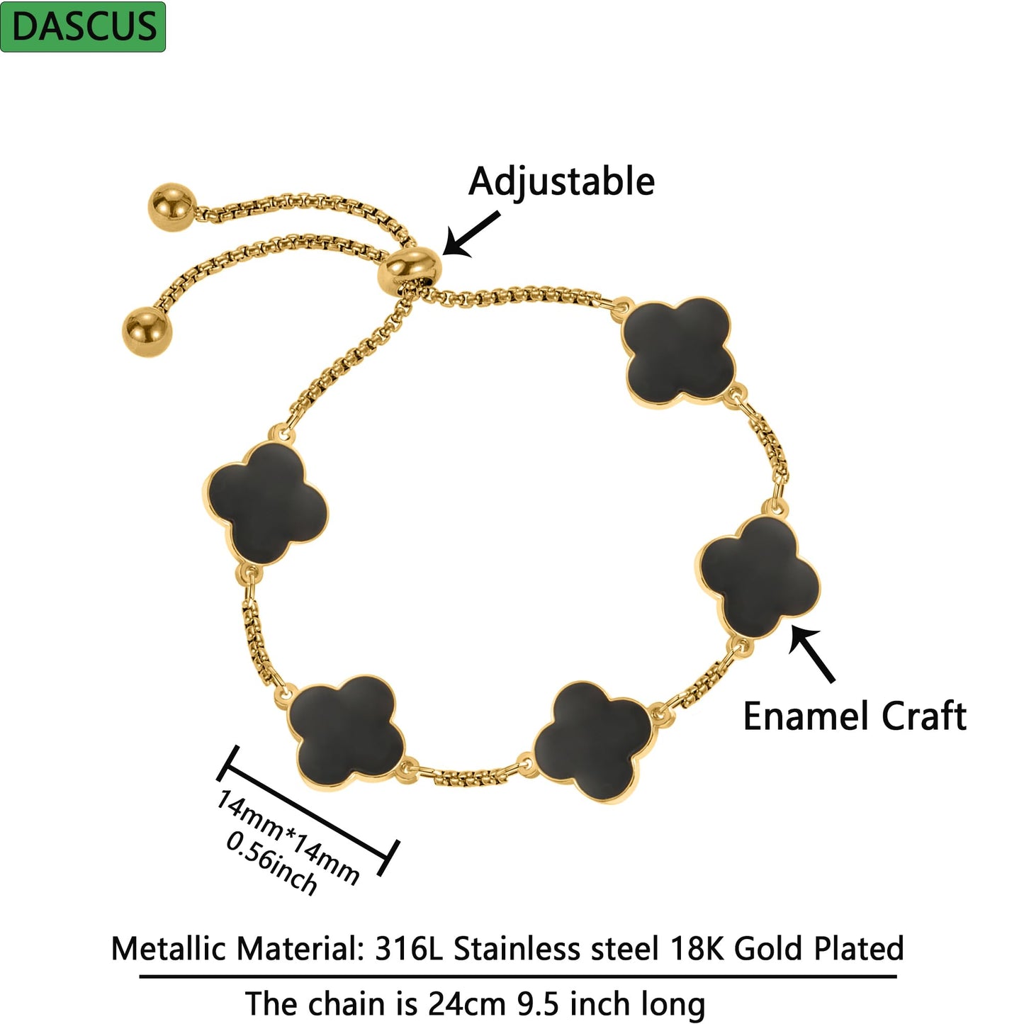 Dascus 18K Gold Plated Clover Lucky Bracelet for Women White/Black/Gold Flower Four Leaf Link Bracelets Trendy Jewelry Gifts for Women (Black)