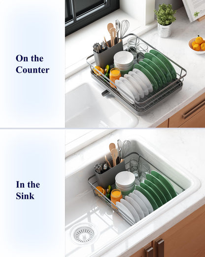 Kitsure Dish Drying Rack for Kitchen Counter, Stainless Steel Sink Organization and Storage Essentials with Cutlery Holder, Home and Appartment Decor, 12''W x 15.5''L, Grey