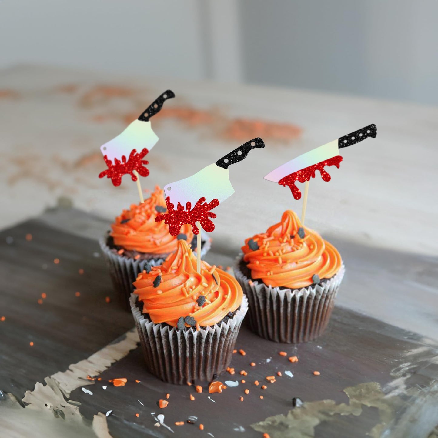 Gyufise 24Pcs Halloween Cupcake Toppers Glitter Horror Blood Knife Cupcake Picks Killer Birthday Cake Decorations for Halloween Blood Knife Theme Birthday Party Supplies