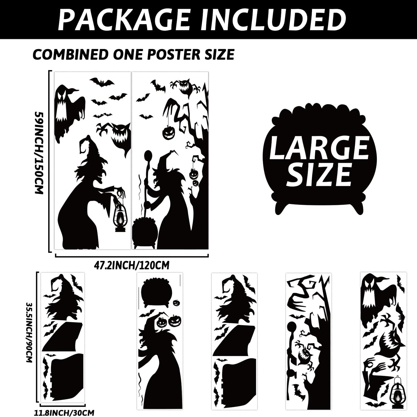 Large Halloween Window Decorations -Witch Clings, Scary Silhouette Poster Decals, Horror Stickers for Party Supplies - PVC Mirror Glass Window Stickers