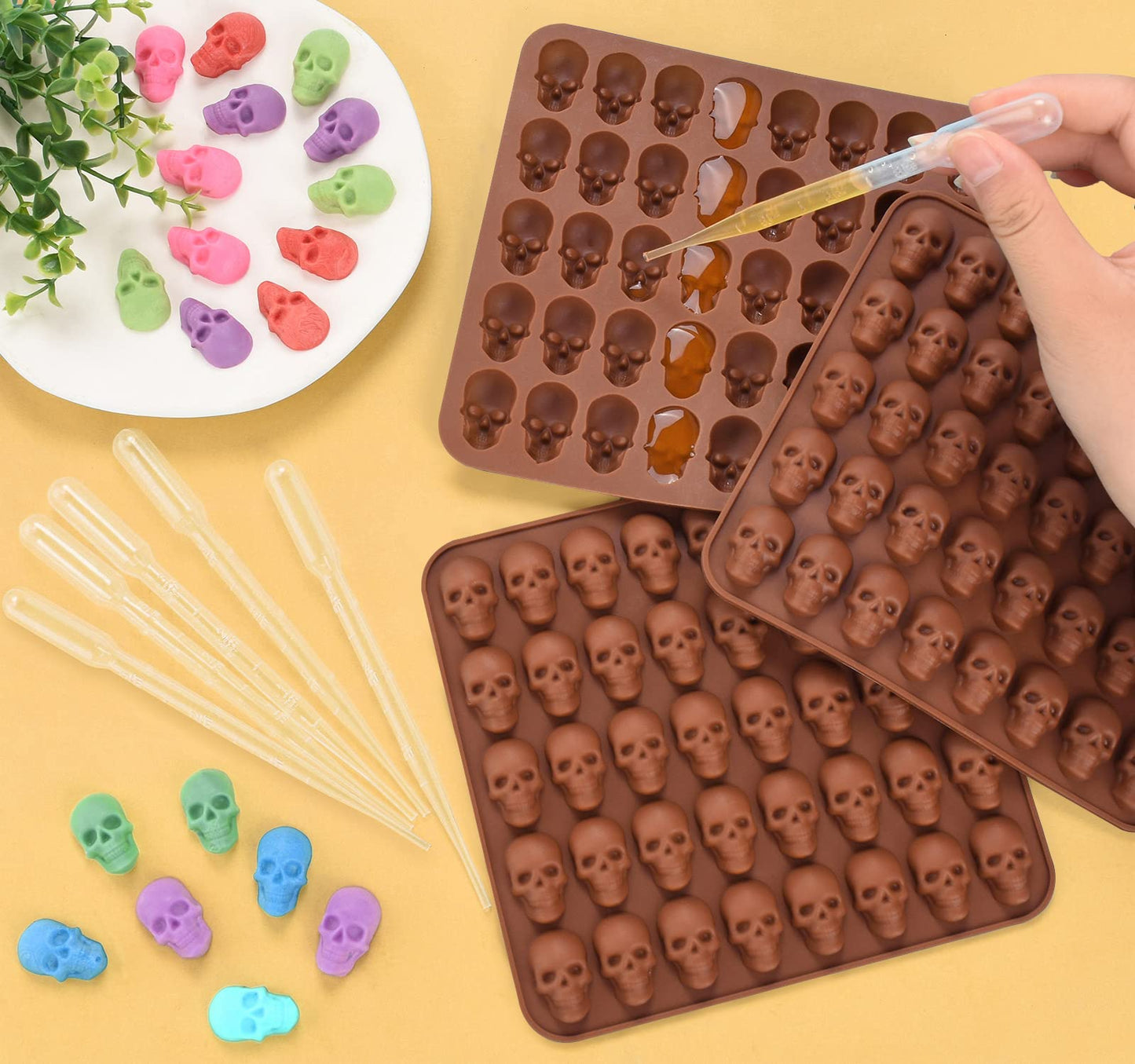 3 Pack Gummy Skull Silicone Candy Molds, Halloween Mini Skull Mold with 3 Droppers Non-stick Candy Molds