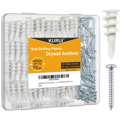 KURUI Wall Hanging Kit for Wall Art Decor Frame Curtain Rods, 140Pcs Heavy Duty Drywall Anchors Substitute Picture Hanging Nails, 70 Dry Wall Anchor and 70 8 x 1-1/4'' Screws, 75Lb Picture Hangers