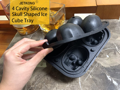 JETKONG Large Skull Ice Mold - 4 Cavity Silicone Skull Ice Maker - Ice Cube Tray for Whiskey, Bourbon, Cocktails and Juice