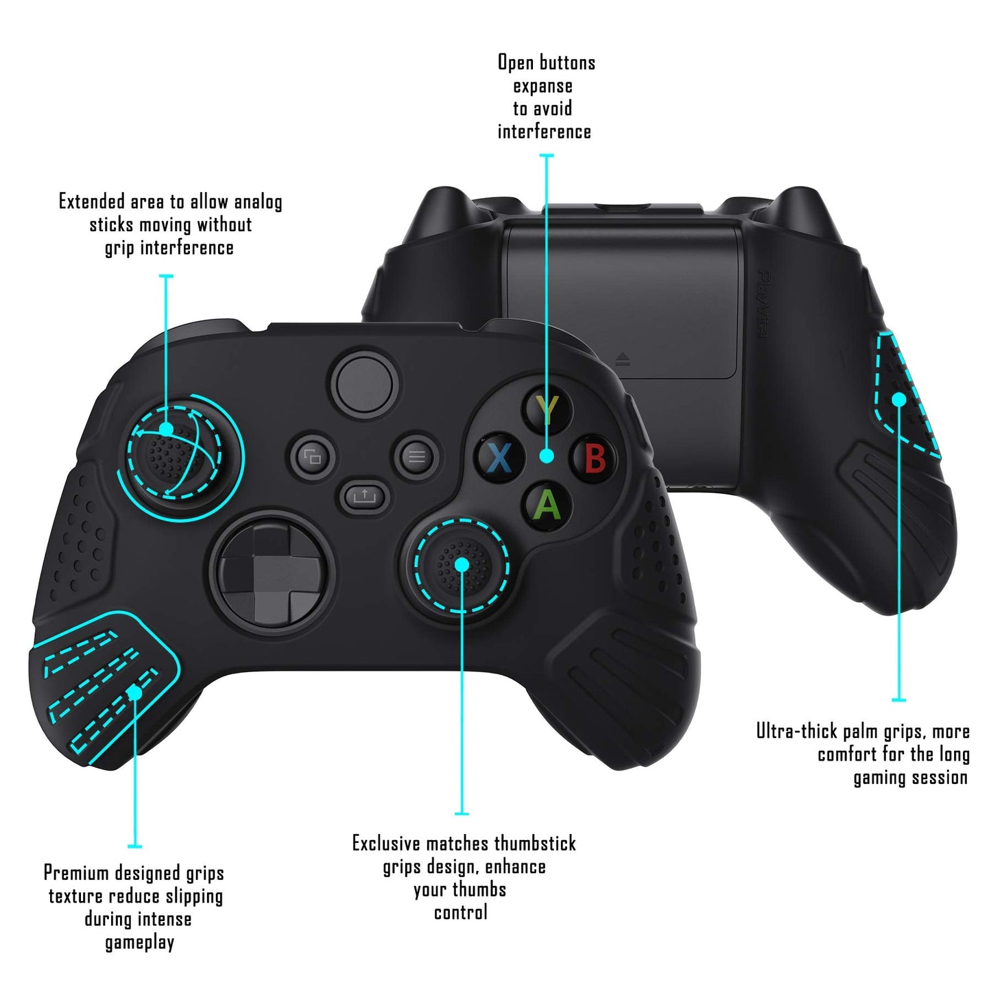 eXtremeRate PlayVital Guardian Edition Black Ergonomic Soft Anti-slip Controller Silicone Case Cover for Xbox Series X/S, Rubber Protector Skins with Joystick Caps for Xbox Core Wireless Controller