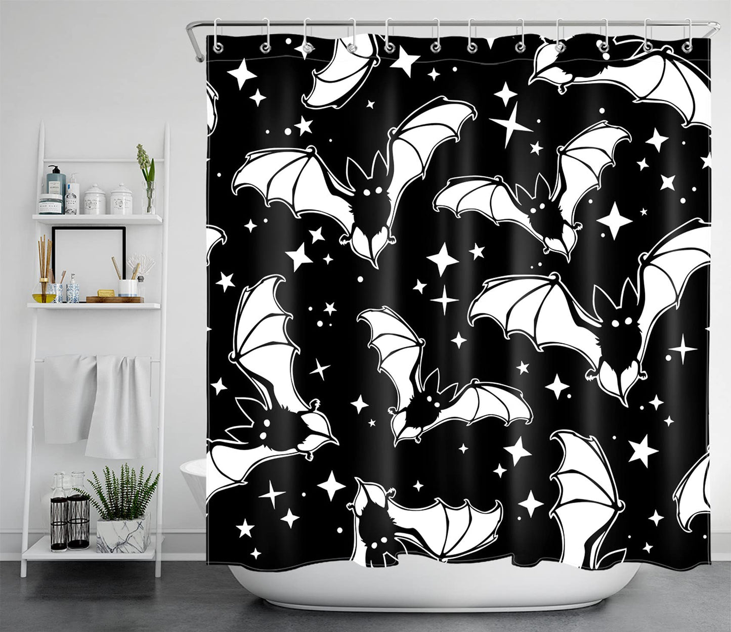 LB Spooky Halloween Shower Curtain Decor, Gothic Horror Halloween Black and White Bats Shower Curtains 72X79 inch Polyester Fabric Bathroom Decoration Bath Curtains Hooks Included