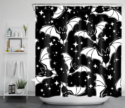 LB Spooky Halloween Shower Curtain Decor, Gothic Horror Halloween Black and White Bats Shower Curtains 72X79 inch Polyester Fabric Bathroom Decoration Bath Curtains Hooks Included