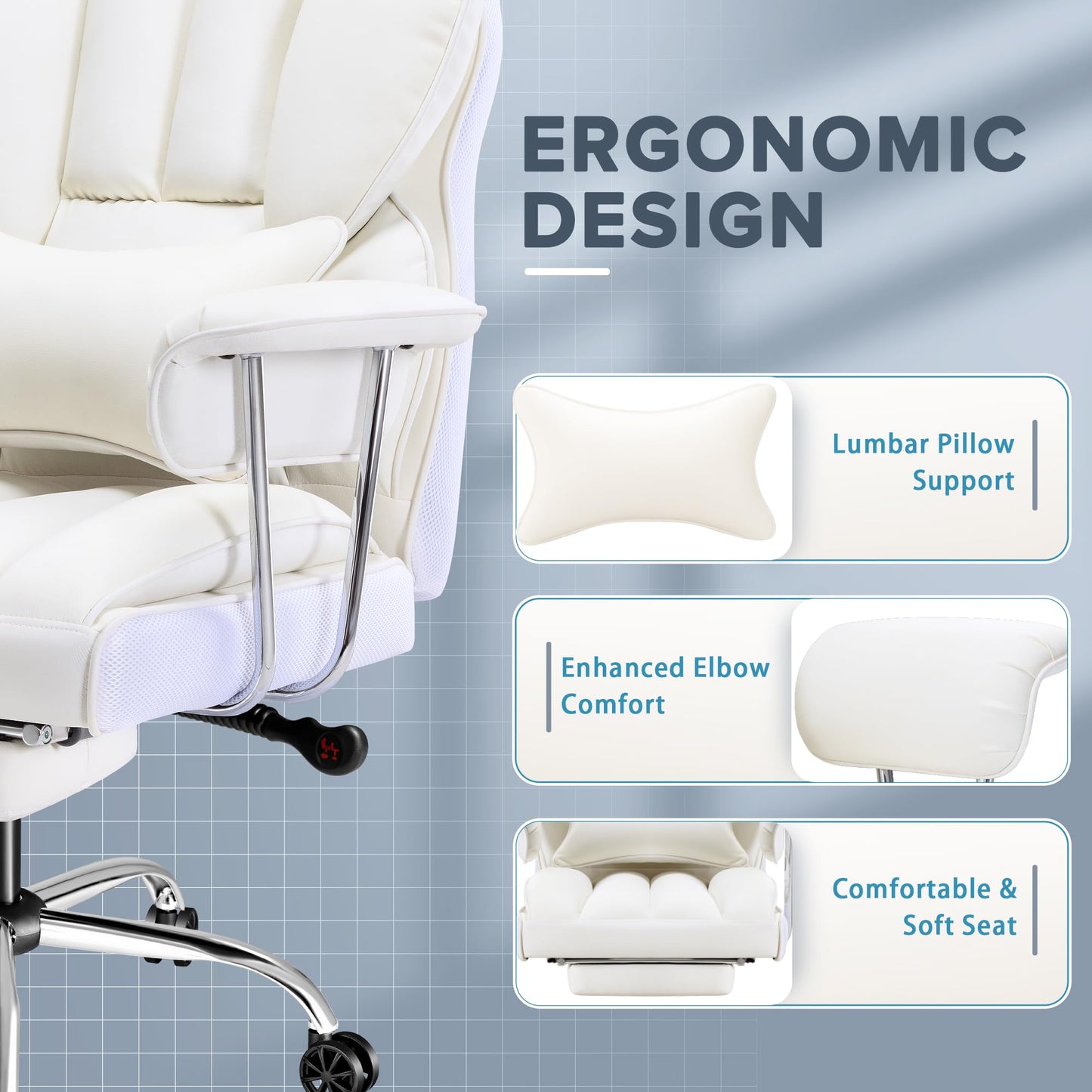 Furmax Big and Tall Office Chair, High Back Leather Gaming Chair with Footrest, Reclining Ergonomic Executive Chair with Lumbar Support for Heavy People 400lbs Home Office Desk Chairs (White)