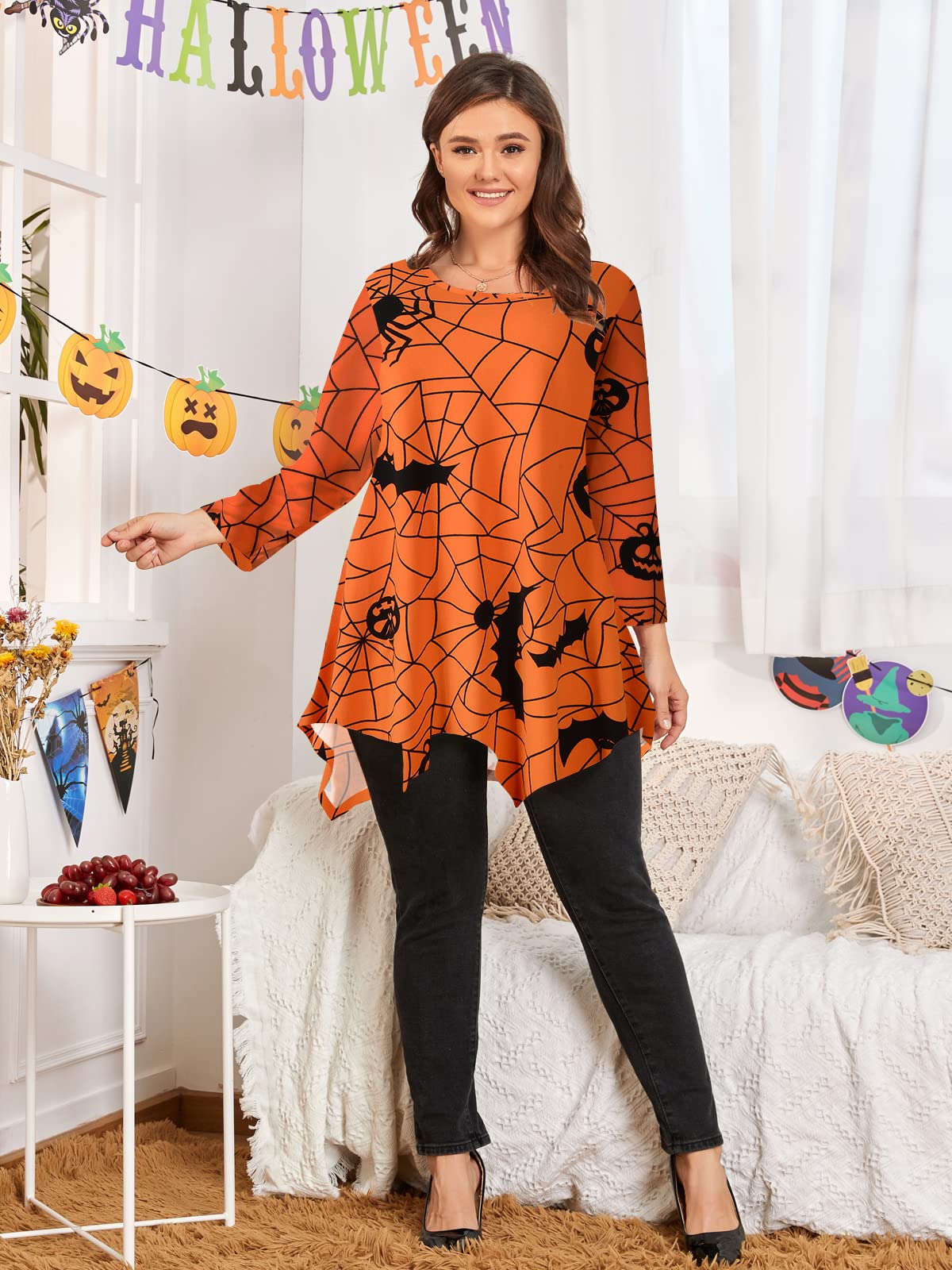 LARACE 3/4 Sleeve Plus Size Tops Halloween Shirts For Womens Pumpkin Tunic Asymmetrical Loose Clothes(Flower58 3X)