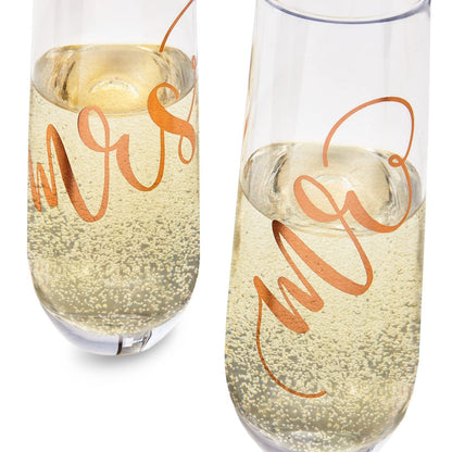 Juvale Mr & Mrs Champagne Flutes Set of 2-10 oz, 6 in, Clear Stemless Glass - Bridal Shower & Wedding Registry Gifts - Engagement Gift & Bride & Groom Glasses