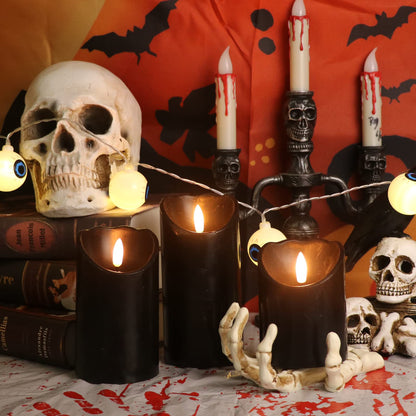 Eldnacele Black Flameless Flickering Candles with 6H Timer, 3D Wick Realistic Battery Operated Real Wax LED Pillar Candles Set of 3 Home Wedding Party Halloween Decoration(D3” x H4”5”6”)