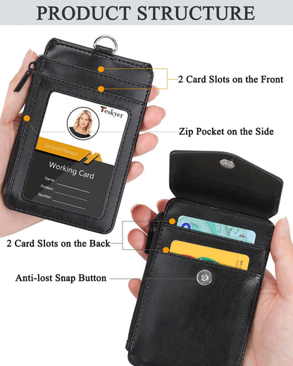Teskyer ID Badge Holder with Lanyard, 1 Zip Pocket and 4 Card Slots, Lanyard ID Card Holder Wallet for Office School Work Badges, Cruise Ship Cards, Hotel Key Cards, Pass Cards - Black
