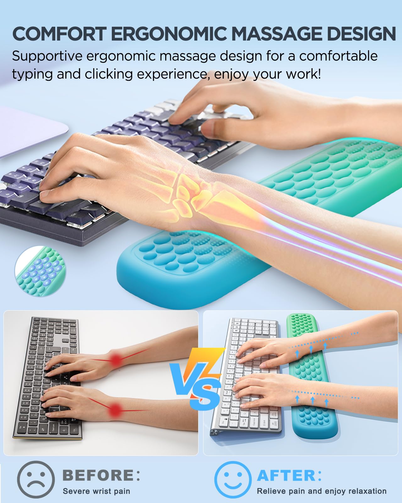 Lekvey Keyboard Wrist Rest, Silky Memory Foam Wrist Rest for Computer Keyboard, Mouse, Ergonomic Massage Design for Typing Pain Relief, Desk Pads Support Hand and Arm, Stain Resistant, Green Blue