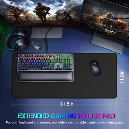 ETZ Large Gaming Mouse Pad 31.5 x 11.8 × 0.12 in,with Stitched Edges,Extended Mousepad,Durable Non-Slip Natural Rubber Base,Washable Keyboard Pad, (Black Mouse Pad (80 * 30)-XIU)