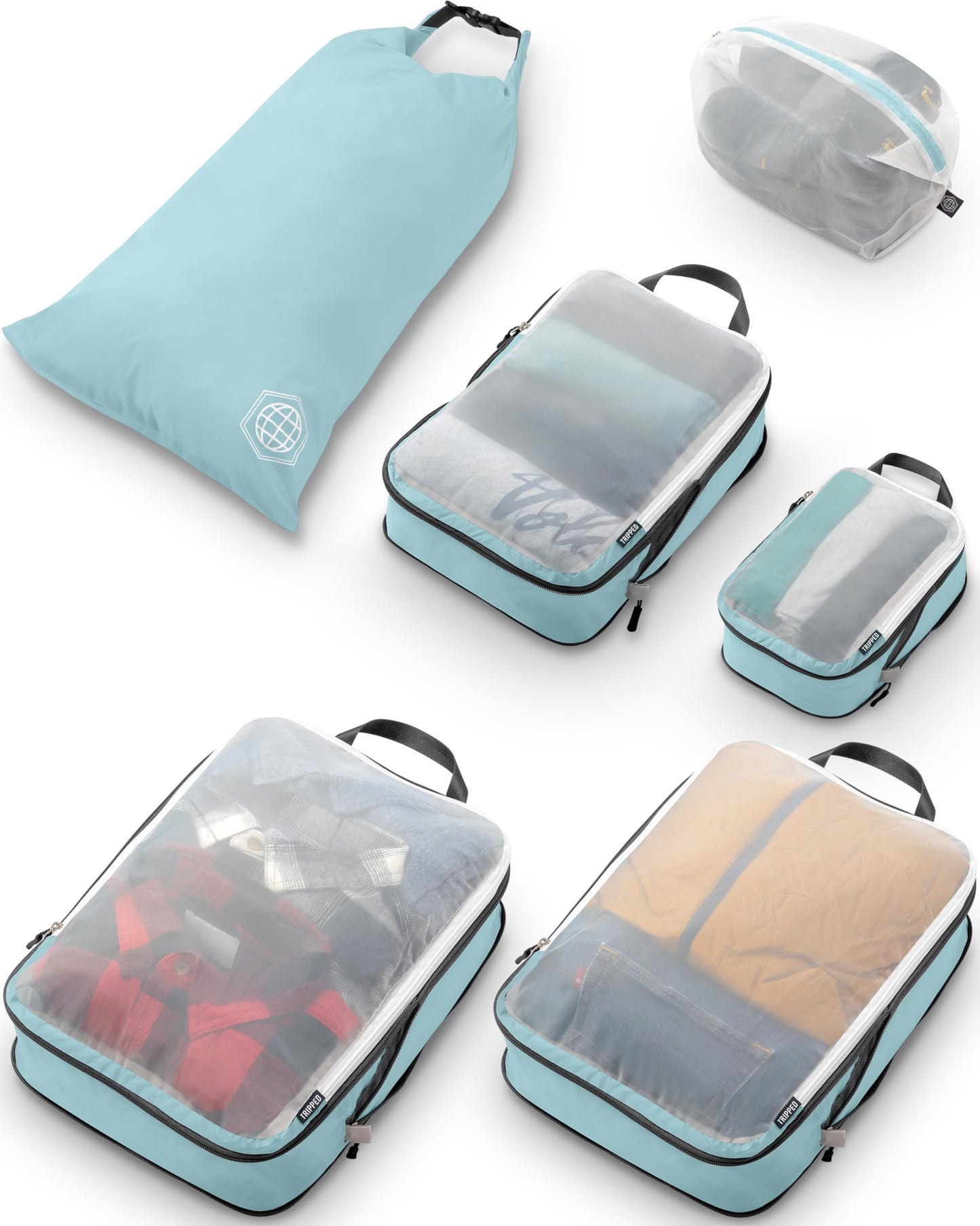 Large Packing Cube Set with See Through Mesh- Compression Packing Cubes Travel Organizers by TRIPPED Travel Gear (Dusty Teal)