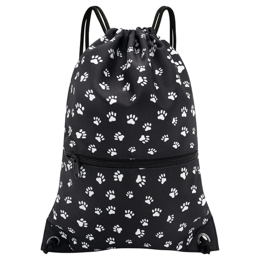 HOLYLUCK Drawstring Backpack Bag Sport Gym Sackpack (Black background white Dog Paw Prin)