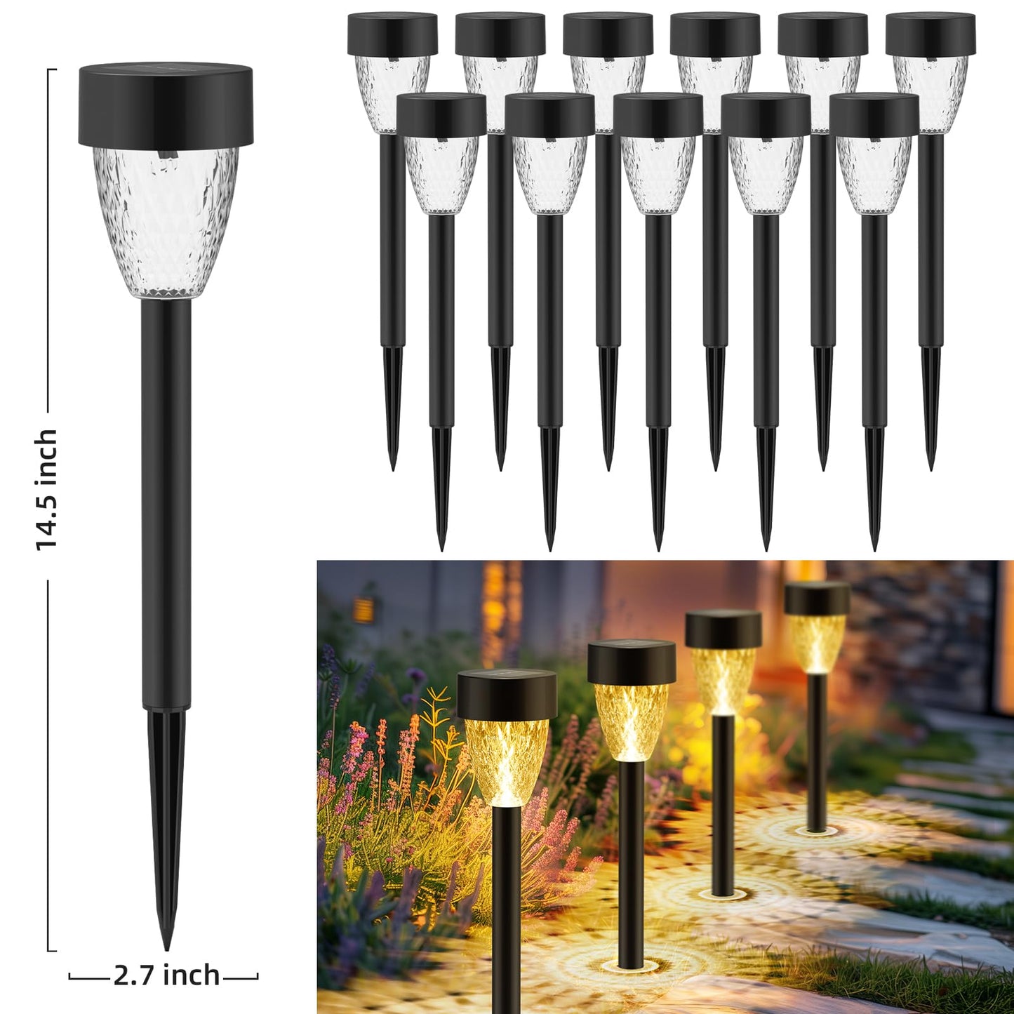 12 Pack Solar Garden Lights, Outdoor Waterproof Up to 12 Hrs Auto On/Off - Solar Pathway Lights for Yard, Patio, Lawn, Landscape and Pool Decor (3000K)