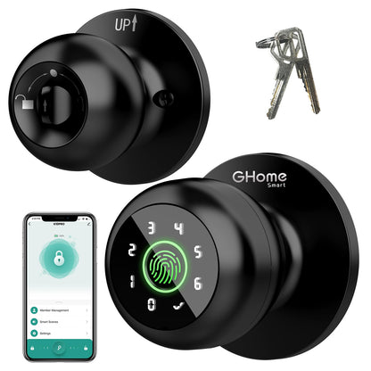 GHome Smart 4-in-1 Smart Door Knob Fingerprint Door Lock with Keypad, Biometric & App Control, Keyless Entry for Room, Garage, Office, Apartment, Local Data Storage