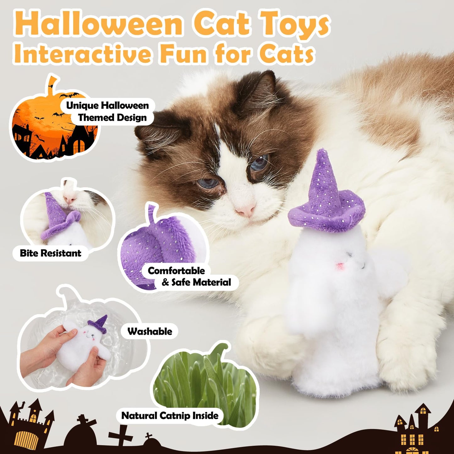 Kimee Halloween Catnip Toys, Flapping Ghost Catnip Toy, Interactive Kitten Exercise Toys for All Cat Breeds Play Alone, Never Boredom