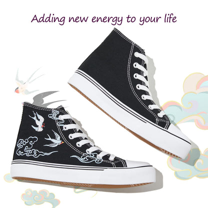 kufeiti Women's Embroidered High Top Canvas Sneaker Black Lace-up Comfortable Casual Fashion Sneaker(Black Lucky, US9)
