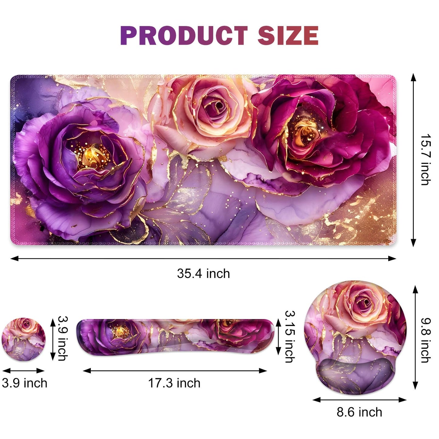 Gaming Mouse Pad, Large Desk Mat, Cute Desk Pad Protector, 4in1 XXL Mousepad + Keyboard Wrist Rest+Mouse Wrist Rest+Coaster Set with Ergonomic Desk Pad for Home Office PC, Marble Rose Purple Flowers