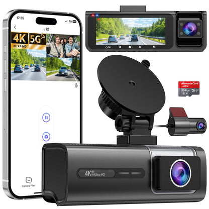 3 Channel 5G WiFi Dash Cam, 4K+1080P+1080P Dash Cam Front and Rear Inside with 64GB Card, 3.16” IPS Screen, G-Sensor, Loop Recording, Parking Monitor, 170° Wide Angle, IR Night Vision, WDR, Silver