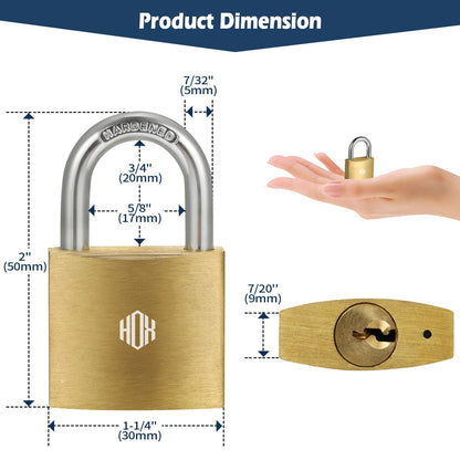 HOX 6-Pack Keyed Padlock, Waterproof and Rustproof, Solid Brass Lock with 1-1/4" Wide Body, Padlock with Keys for Storage Unit, Sheds, Garages and Fence