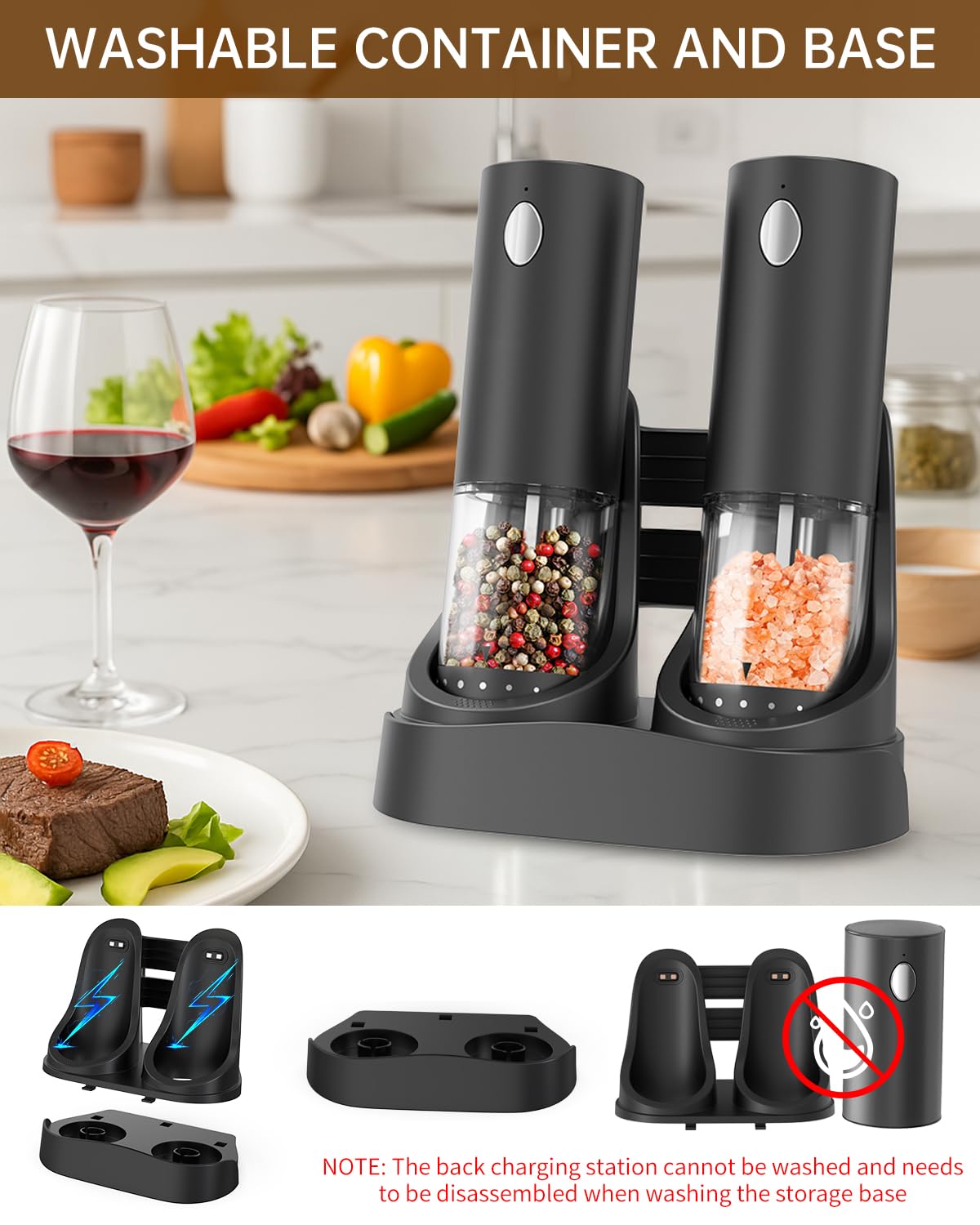 CIRCLE JOY Electric Salt and Pepper Grinder Set Automatic Salt and Pepper Grinder Set with Easy-to-Carry Charging Base and LED Light, USB Rechargeable, Upgrade External Adjustable Coarseness