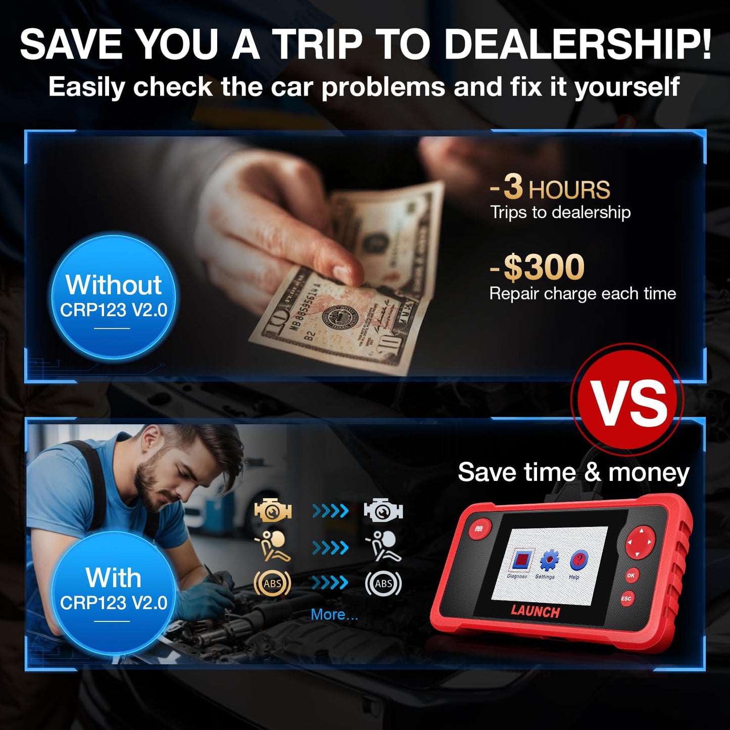 LAUNCH CRP123 V2.0 Elite OBD2 Scanner-2025 New Model Engine/ABS/SRS/Transmission Diagnostic Scan Tool SRS Airbag Code Reader,3 Reset Oil Service/Throttle Relearn/SAS Reset,Free Update