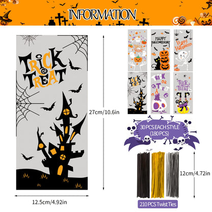 DIYASY 180 Pack Halloween Cellophane Treat Bags, Plastic Goodie Candy Bag for Kids Clear Goody Snack Bags Bulk Party Favors with 210 Twist Ties