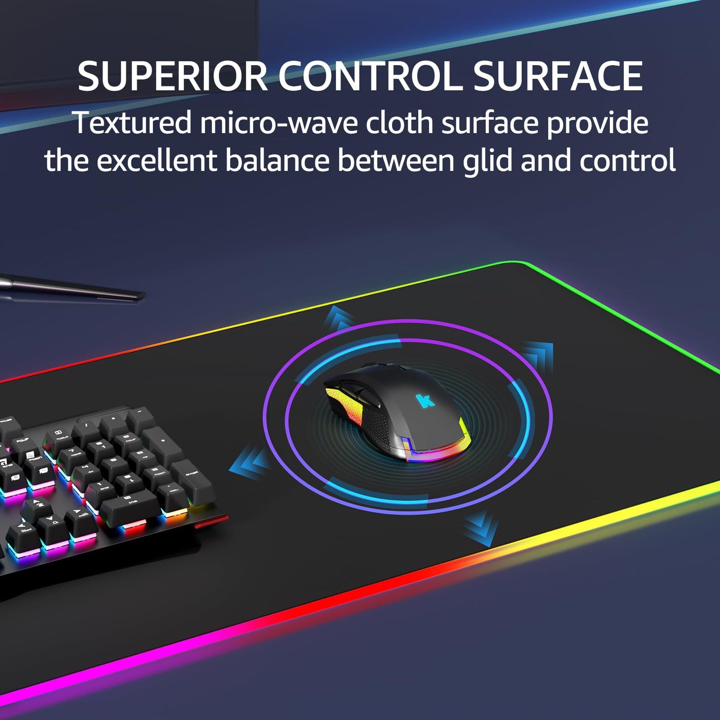 KTRIO RGB Large Gaming Mouse Pad with Stitched Edges, Superior Micro-Weave Cloth, Non-Slip Base, Water Resist Coating, 31.5 x 11.8 in, RGB Black