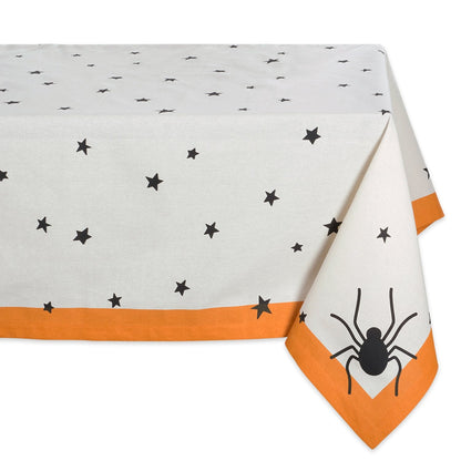 DII Halloween Tabletop Collection Bold Black Stars/Spooky Spider with Orange Border on Off-White Natural Background, Machine Washable, 52x52 Tablecloth