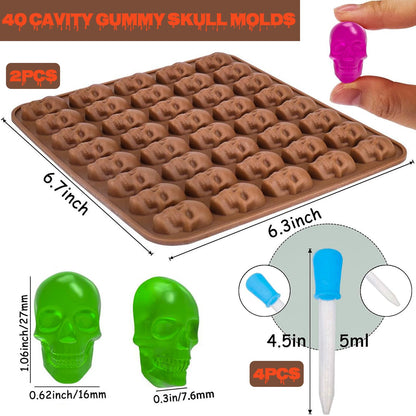 Gummy Skull Candy Molds Silicone, 4 Pack Mini Skull Gummie Chocolate Mold Halloween Spider Witch Hat Pumpkin Candy Gummy Mold with 4 Droppers for Chocolate, Candy, Jelly, Ice Cube, Dog Treat (Brown)