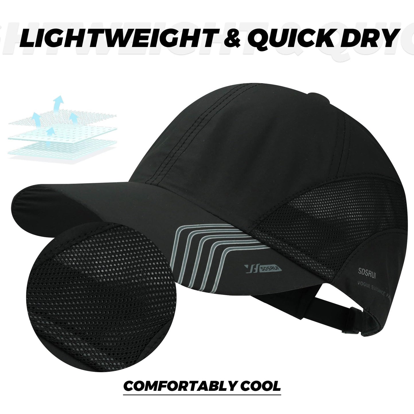 Croogo Quick Drying Sun Hat UPF 50+ Baseball Cap Summer UV Protection Outdoor Cap Men Women Sport Cap Hat, Black, 21.6-24.4 inch